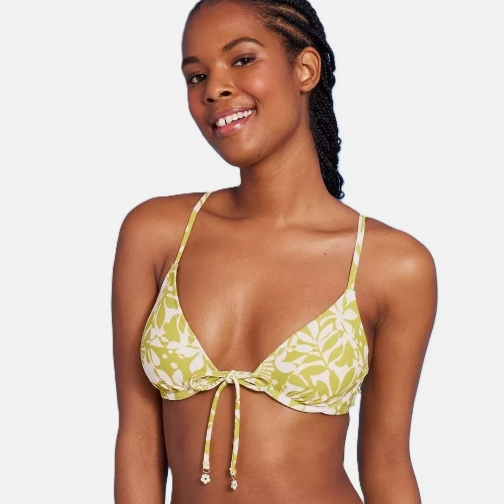 Green & Cream-Leaf & Sun Print Bikini Top With Flower Emblem Detail.